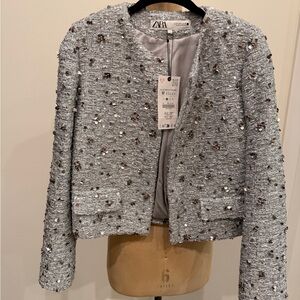 Zara Silver-Embellished Tweed Cropped Jacket